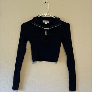 Knit Women’s Half-Zip Cropped Ribbed Sweater | Small | Black